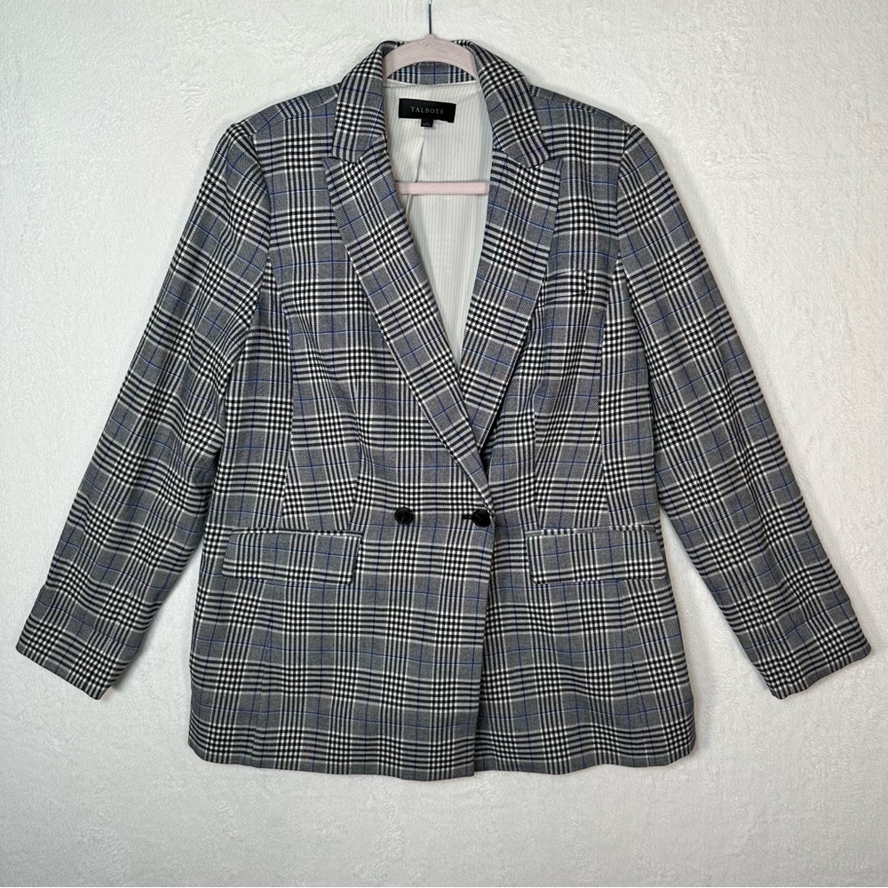 Talbots Plaid Blazer Jacket Womens 12 Blue Grey Double‎ Breasted Cotton Preppy